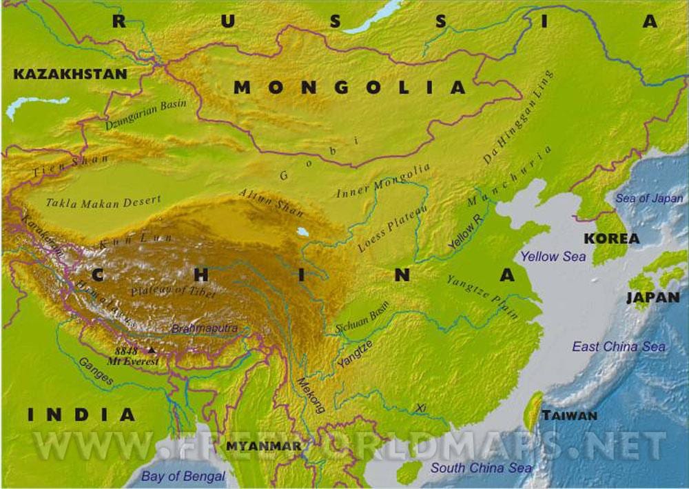 карта Кітая з геаграфічнымі асаблівасцямі