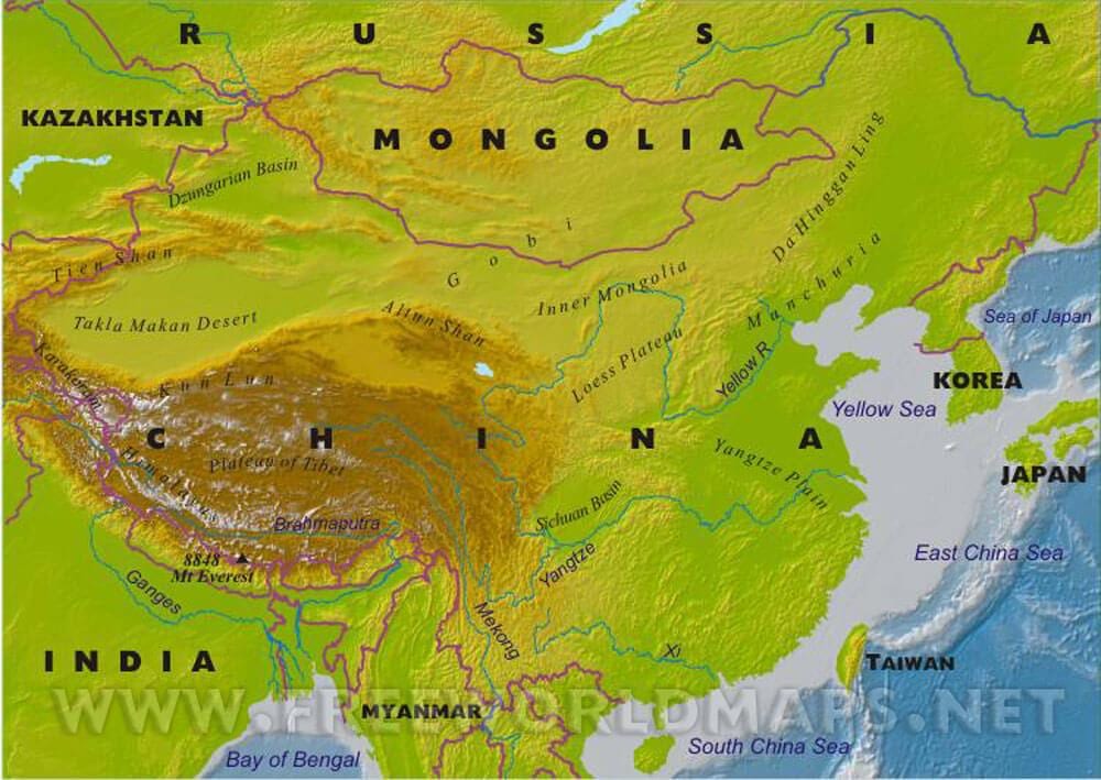 Кітай фізічная карта