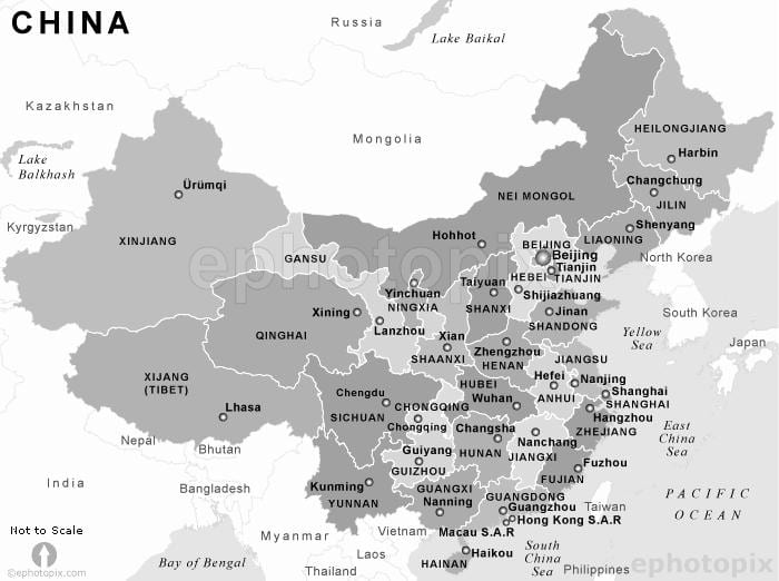 карта Кітая чорны і белы