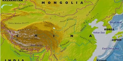 Карта Кітая з геаграфічнымі асаблівасцямі